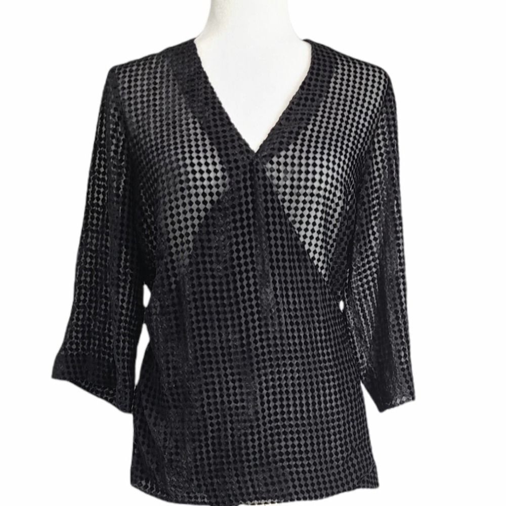 L'AGENCE Black Wrap Sheer Blouse Size Medium 3/4 Sleeve